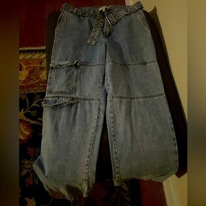 Denim Wide Leg Cargo Pants with Matching Belt